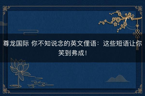 尊龙国际 你不知说念的英文俚语：这些短语让你笑到弗成！